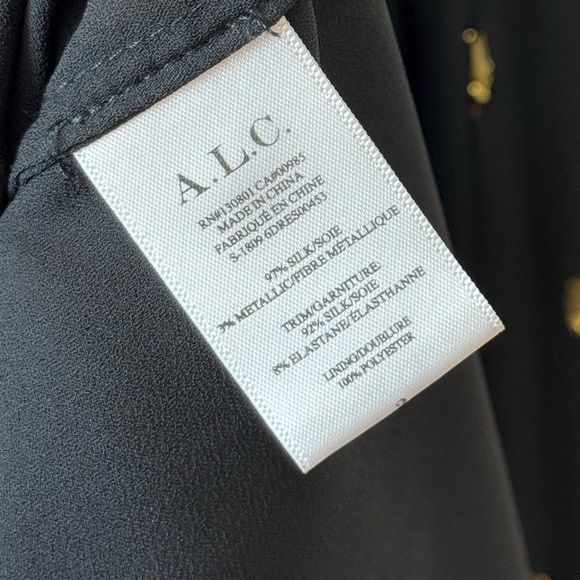 ALC Rosa Silk Black Gold‎ Metallic Halter Midi Length Dress 2 Asymmetric Ruffle - Picture 9 of 11